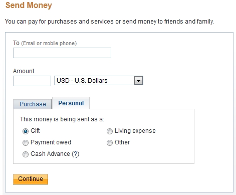 PayPal Payment Screen - Personal Tab